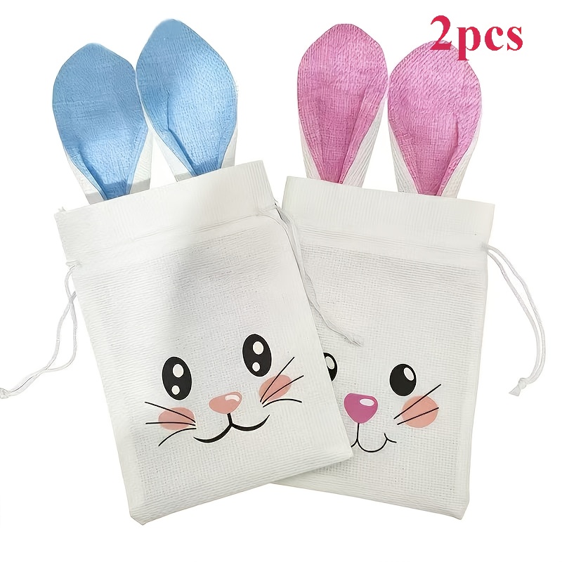 E-shop 2 -Geschenkbeutel aus Jute, kreative blaue rosa Kordelzugbeutel mit Hasenohren, geeignet für Ostereier, verpackte Süßigkeiten, kleines Spielzeug