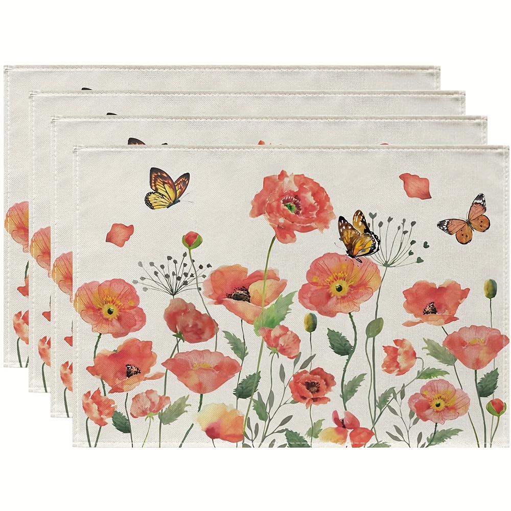 

1/4/6pcs, Placemats, Floral Flower Butterfly Pattern, Spring Theme Decorative Table Pads, Seasonal Farmhouse Table Decor, Perfect For Home, Party, Dining Room & Kitchen Use