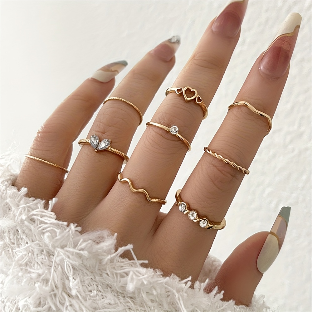 TEMU Set di 9 anelli impilabili in con strass in ferro, anello sexy casual , anello con strass a forma di cuore, anello geometrico ondulato, set di