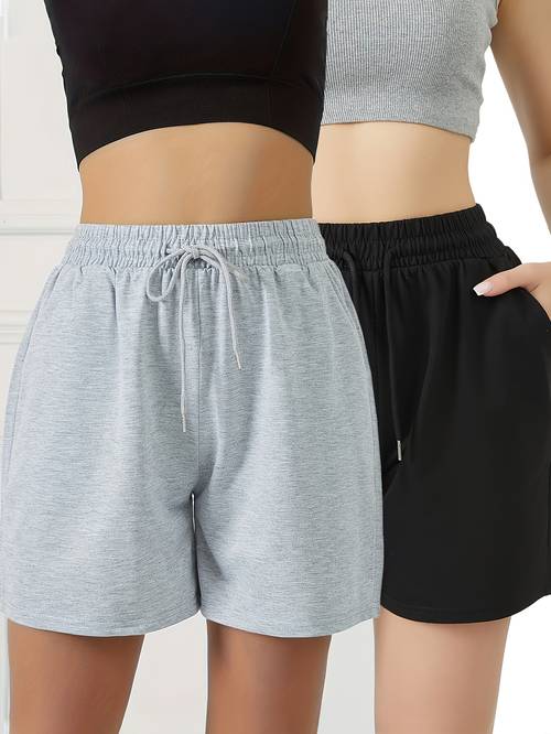 2pcs womens lightweight summer shorts elastic drawstring waist with pockets loose fit breathable polyester workout shorts for running gym casual white