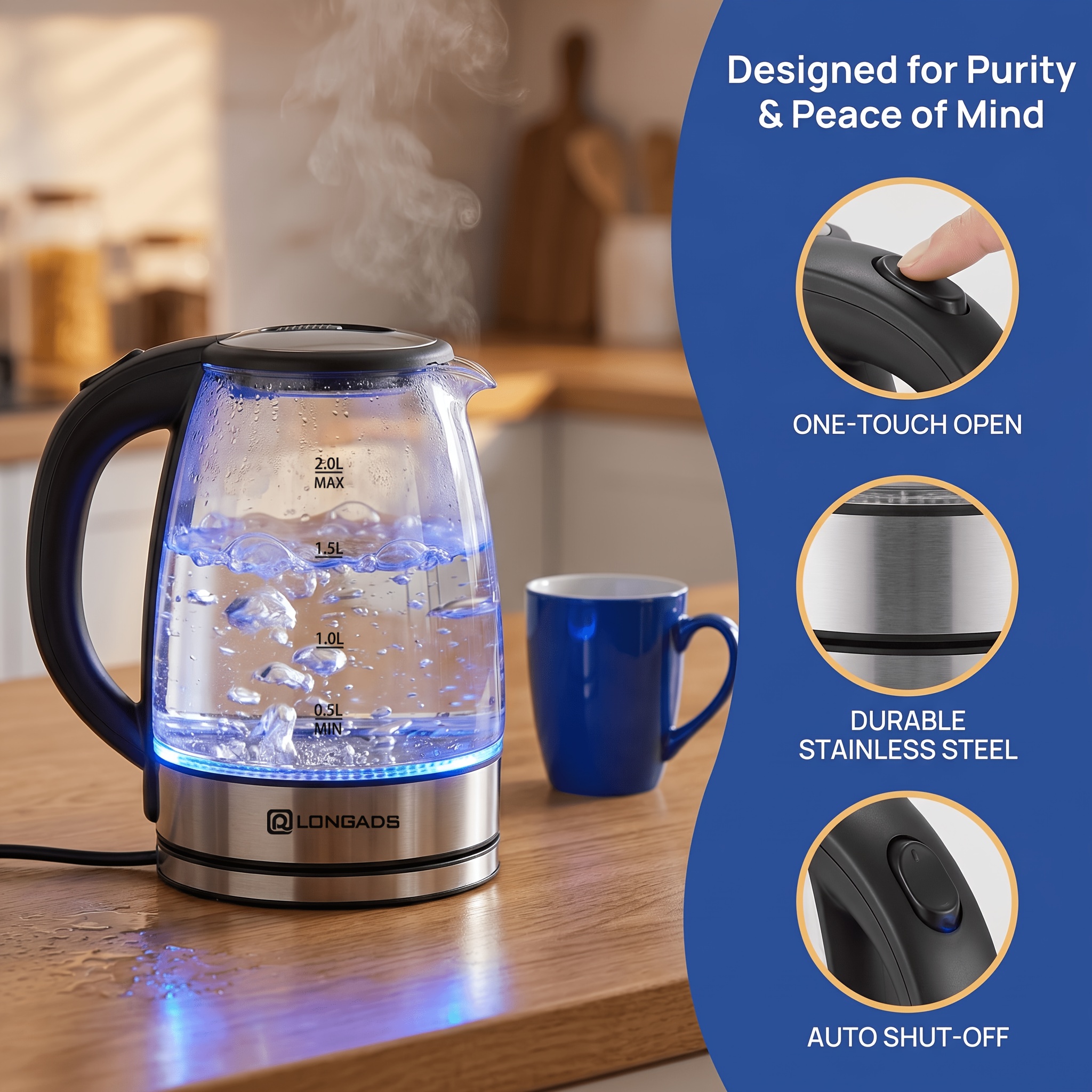 Electric Kettle, 67.63oz Large Capacity, Glass Electric Kettle, 1000W High Power, Anti-dry Burning And Rapid Heating, Suitable For Kitchen, Dining Room And Living Room, For Brewing Coffee And Milk, Saving More Heating Time And Being Safer.  Brand: LONGADS — Zaynora Luxury Marketplace