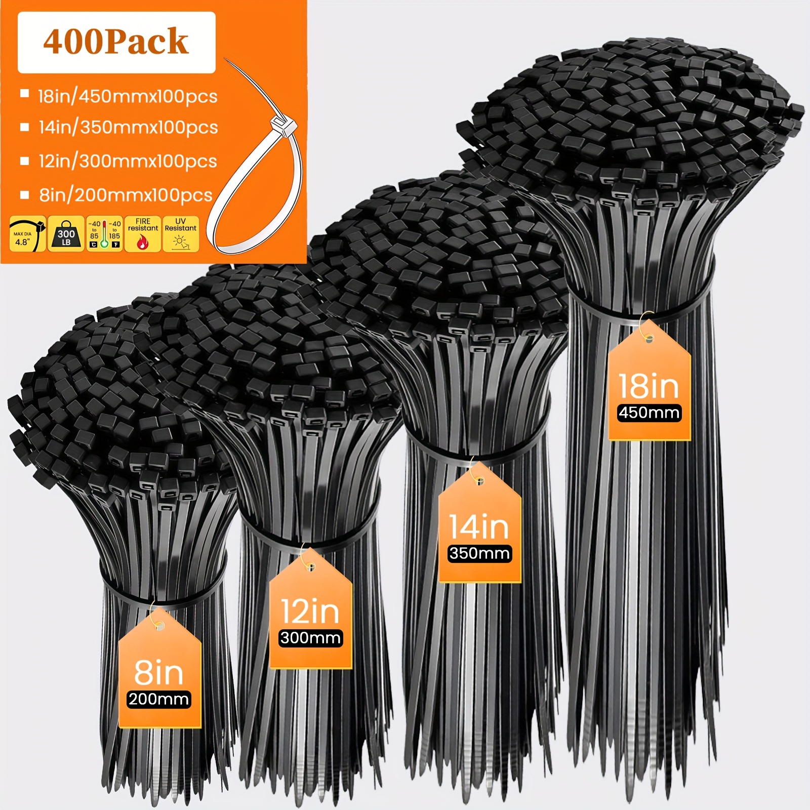 TEMU 400pcs Heavy Duty Nylon Ties, 300 Tensile Strength, Multiple Large Sizes (18/14/12/8 Inches), Uv Resistant Self-locking Ties, Durable Material,