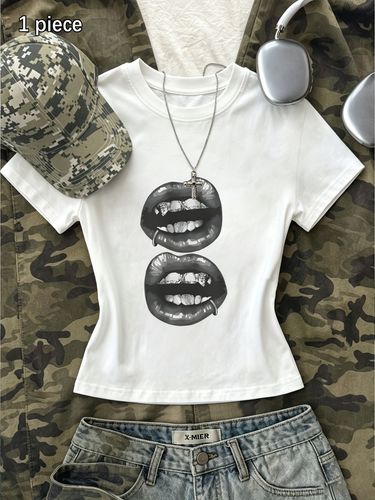 1pc Ropa de mujer Camiseta de manga corta ajustada para mujer, Estampado de labios calientes de alta calle retro vintage, con un ambiente fresco callejero, crea fácilmente un atuendo personalizado, un artículo tesoro con su propia aura en el armario