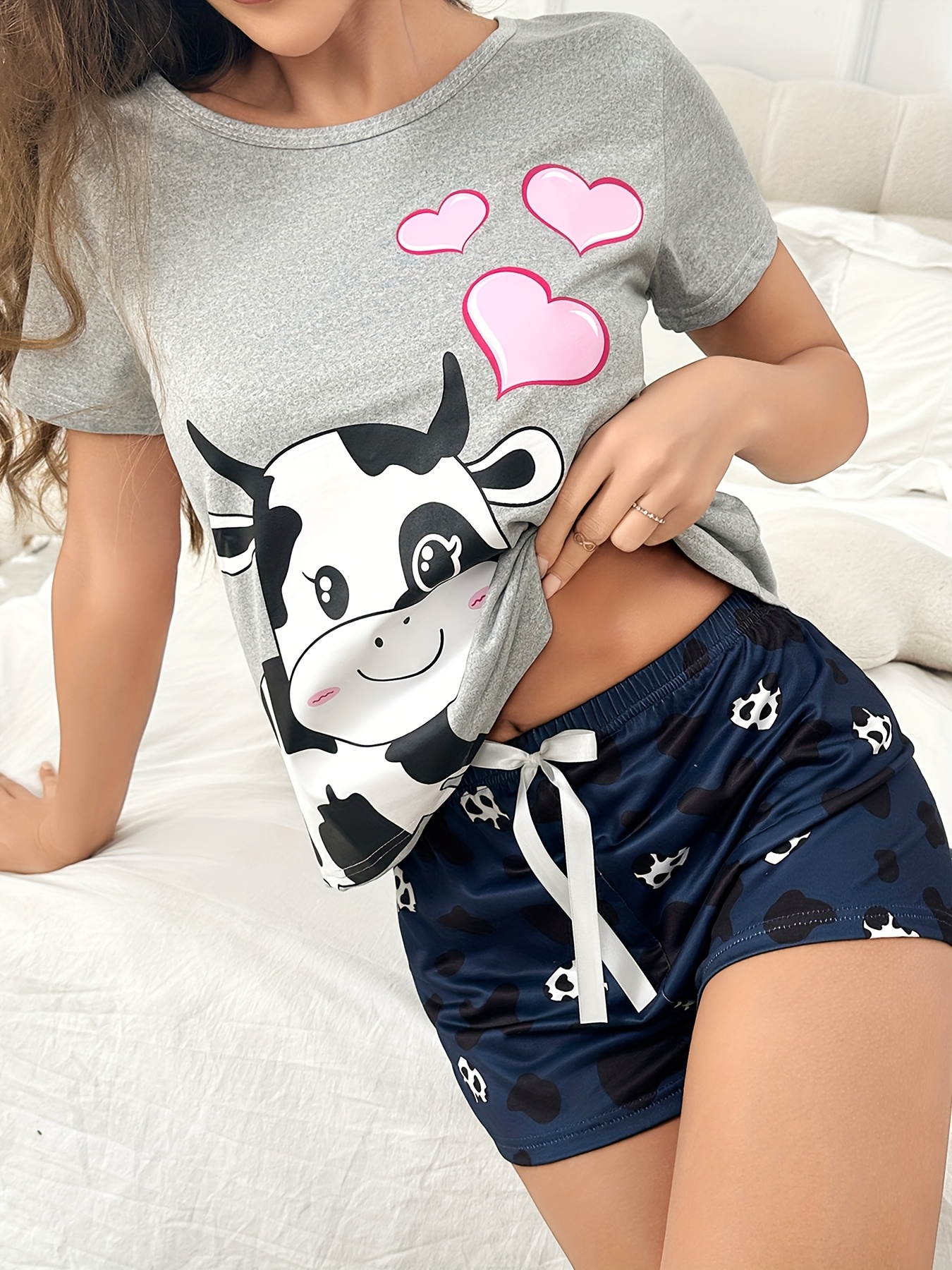 womens cute cartoon cow print pajama set short sleeve round neck top shorts comfortable relaxed fit Product details 3