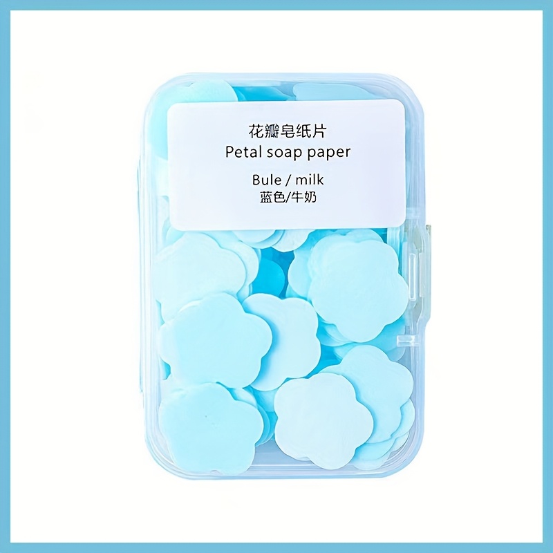 a box of 1 or 4 mixed packs of petal shaped portable soap sheets disposable soap sheets for hand washing mini soap paper for travel and outdoor activities soap travel friendly and convenient