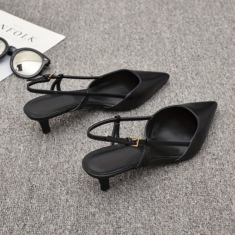 Black Faux Cover Pointed Toe Mid-Heel Sandals for Women - Elegant Summer Party & Professional Wear with Golden-Tone Buckle Strap, Formal Occasion Shoes | Sleek Stiletto Design | Durable Rubber Sole, High Heel Sandals