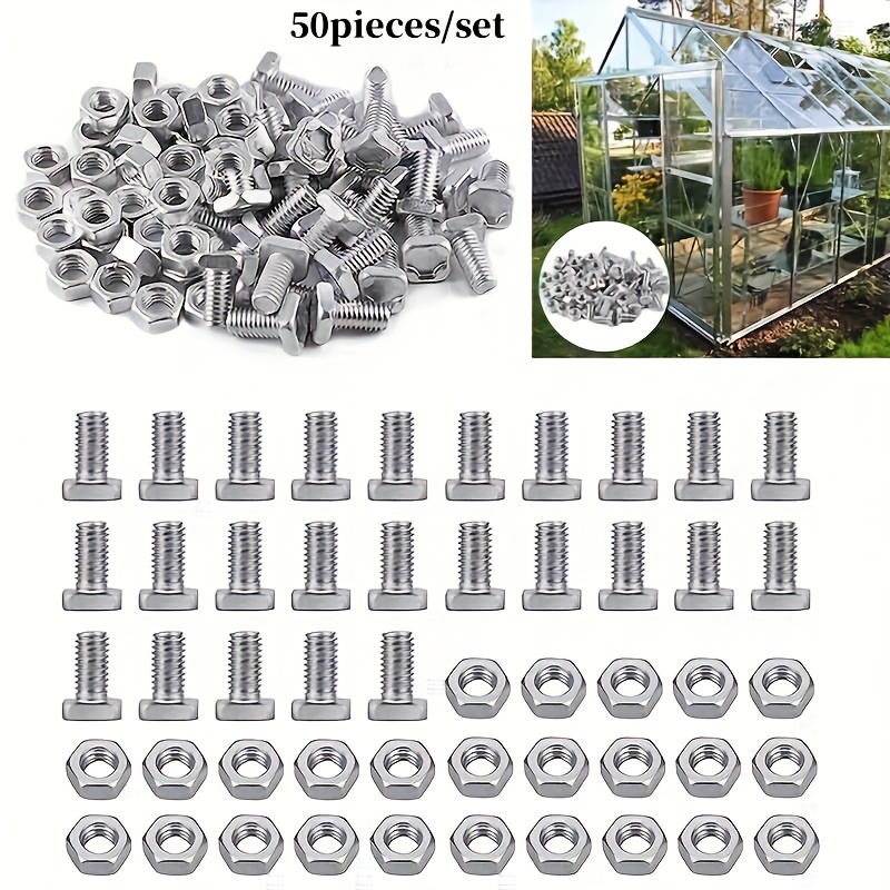 Image of Courtyard Lawn Care Greenhouse Parts Greenhouse Nut Set For Building And Repairing Greenhouse Hexagonal Nuts And Square Head Bolts Greenhouse Additions 50pcs/set