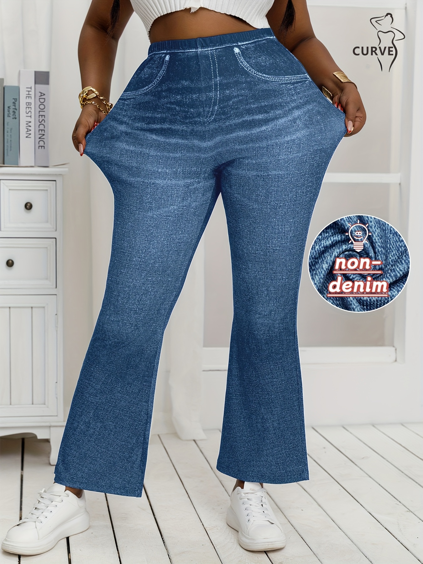Plus Size, [Denim Print/* Denim] Women's Plus Size High-Waisted Light Wash  Blue Distressed Print Wide-Leg Tapered Bell-Bottom Jeans
