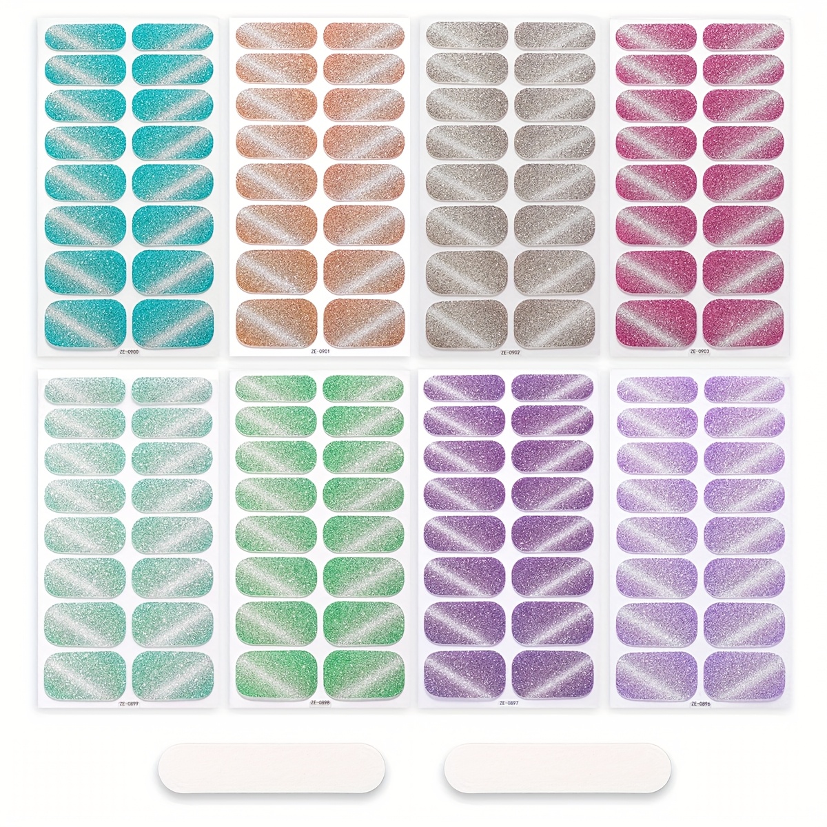 Image of A Set 8 Sheet Multicolor Glitter Gradient Nail Stickers Set - Sparkle Shiny Nail Art Decals With Files, For Women Manicure Beauty Decor