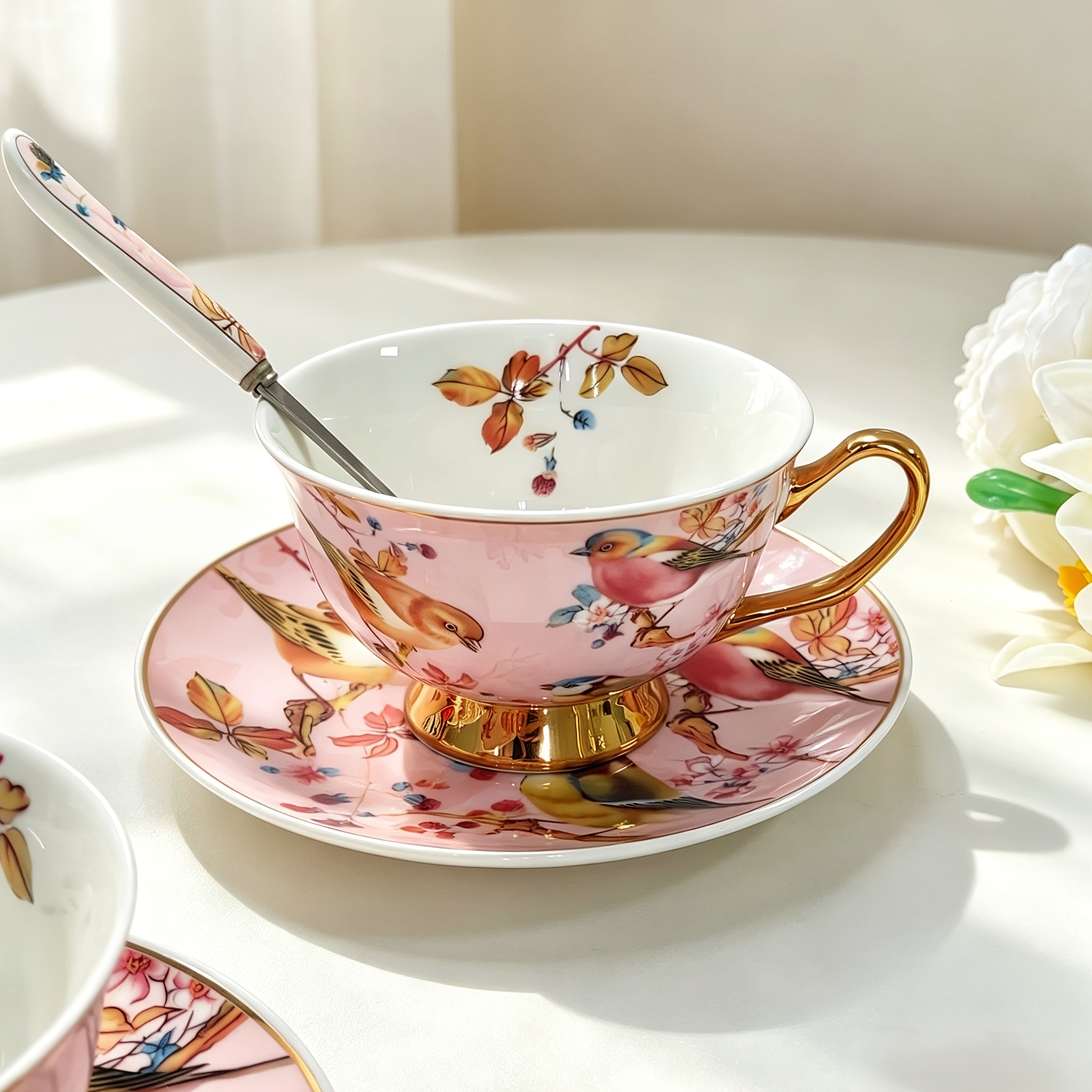 6-Tassen 6-Untersetzer 6-Löffel/1-Tasse 1-Untersetzer 1-Löffel Bone China Kaffeetassen-Set, Rosa Vogel Porzellan Teetassen-Set, Keramikbecher, Kaffeekanne, Milchbecher, Haushaltsbecher,