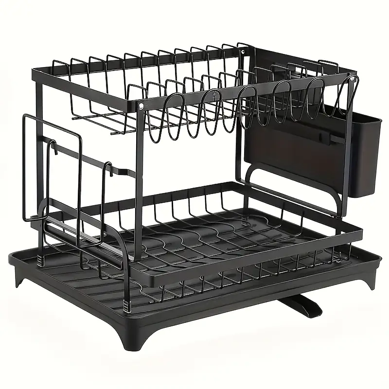2 tier carbon steel dish rack with utensil holder cup hooks space saving double layer design for kitchen counter organization black white no electricity required dish drying rack sleek black durable kitchen rack dish drying rack Product details 3