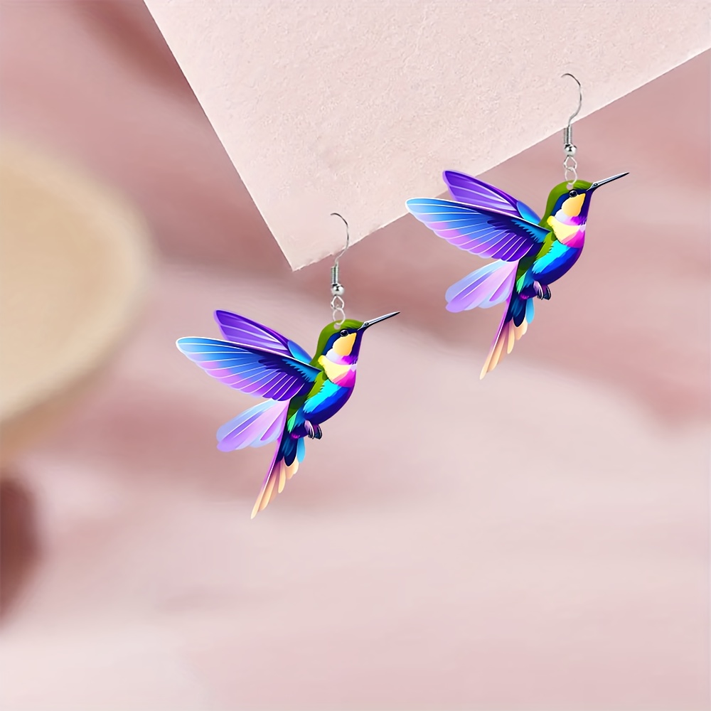 

1 Pair Of Vibrant Hummingbird Acrylic Earrings – Double-sided Design, Hypoallergenic Hooks, Purple, Green & Orange Wing Patterns, Casual Attire & Parties, Hummingbird Jewelry