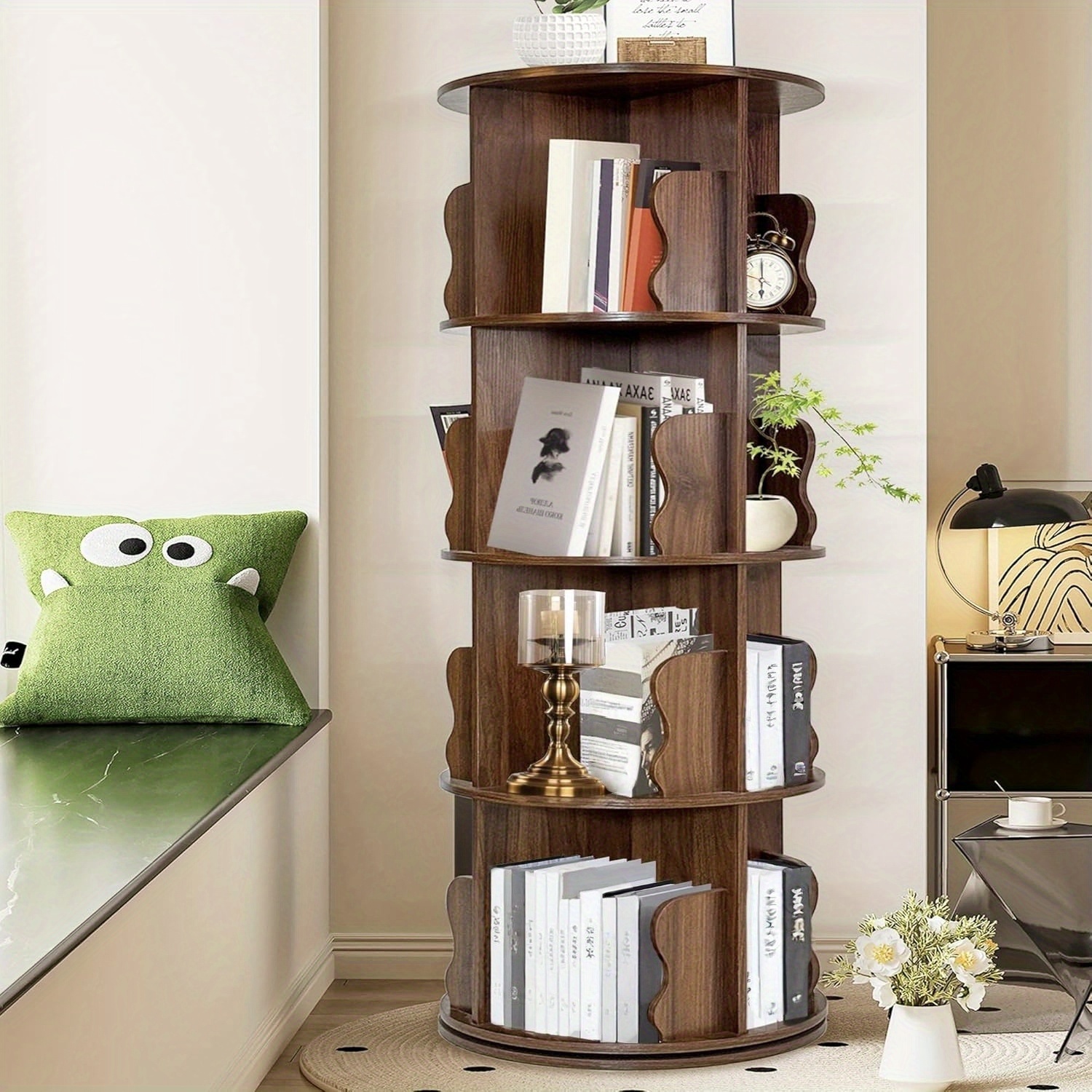 TEMU Modern Brown Rotatable Bookshelf, Simple Style, 360 ° Rotating Shelf Bookshelf, Solid Wood Bookshelf With 4 Layers And 16 Shelves, Office Shelf