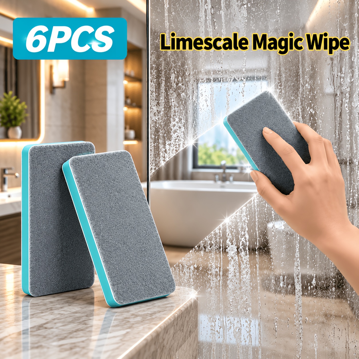 TEMU 6pcs Glass Limescale Cleaning Erasers, Multi-functional Heavy-duty Stain Removal Cleaning Brushes, Bathroom Mirror Shower Room Tile Water Stain