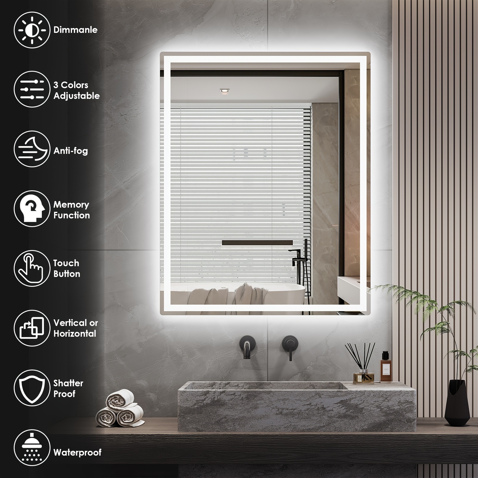 

Bathroom Led Mirror, Wall Mounted Vanity Mirror With Front&back Lit, Memory, Stepless Dimmable, Anti-fog, Shatter-proof, Memory, 3 (horizontal/vertical)