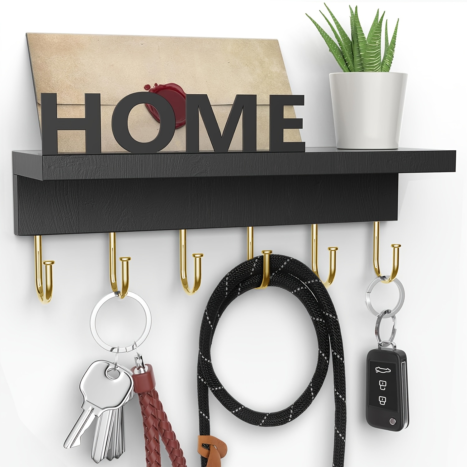 Key Holder Wall Mount Key Hooks Entryway Shelf Keys Rack Key Shelf With 6 Metal Hooks Mail Holder, Wooden Shelf