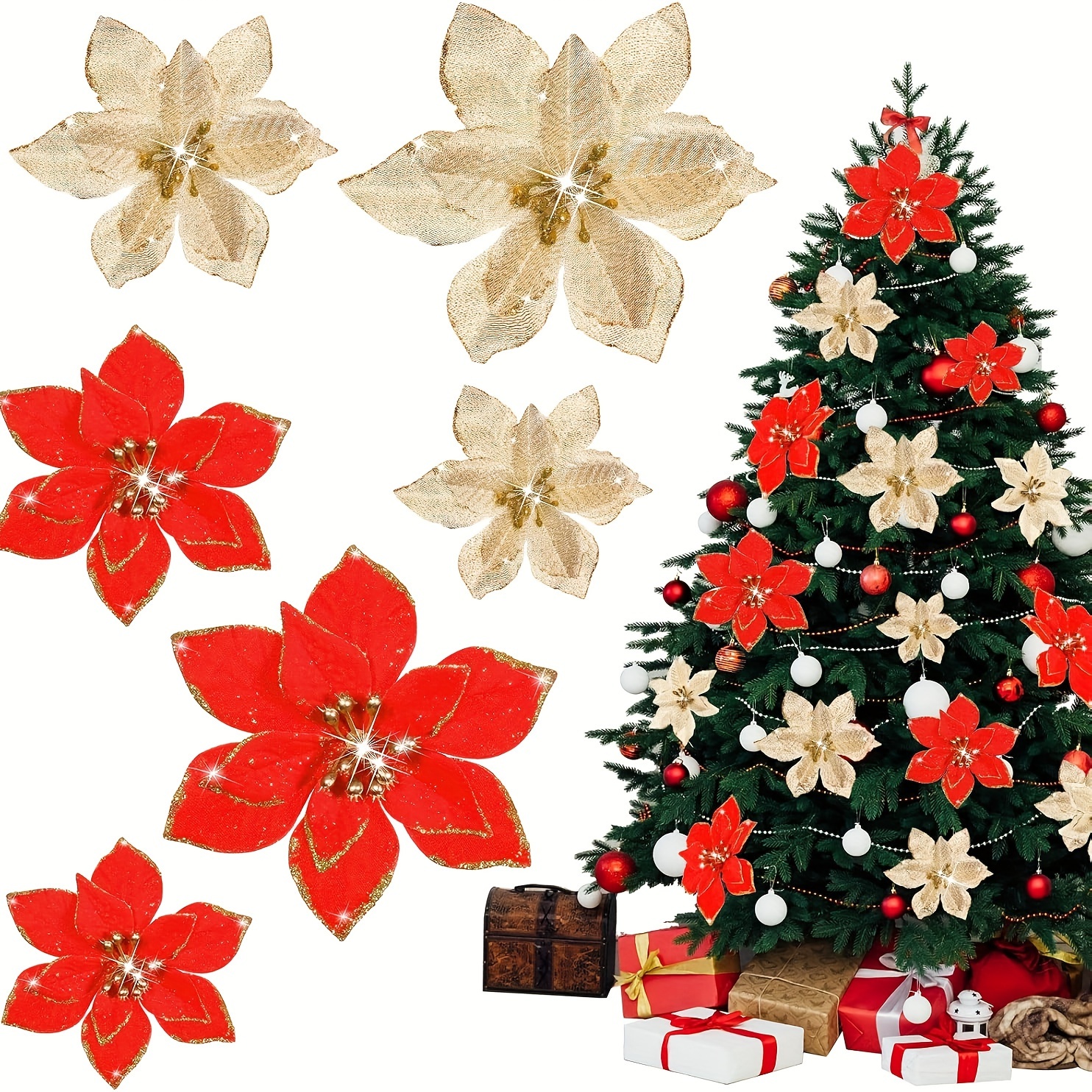 

50pcs Christmas Tree Decorations: Poinsettias Artificial Flowers Ornaments Flower