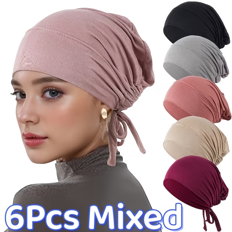 TEMU 6pcs Elegant Solid Elastic Headscarf Chemotherapy Headwear Set - Pre-tied Scarves Turbans Wraps Sleep Beanie Hat, For Casual Attire Birthdays
