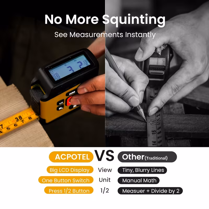 16 ft digital tape measure 6 metric and imperial units retractable with fractions 1 16 rechargeable display yellow brand for distance area volume Product details 1