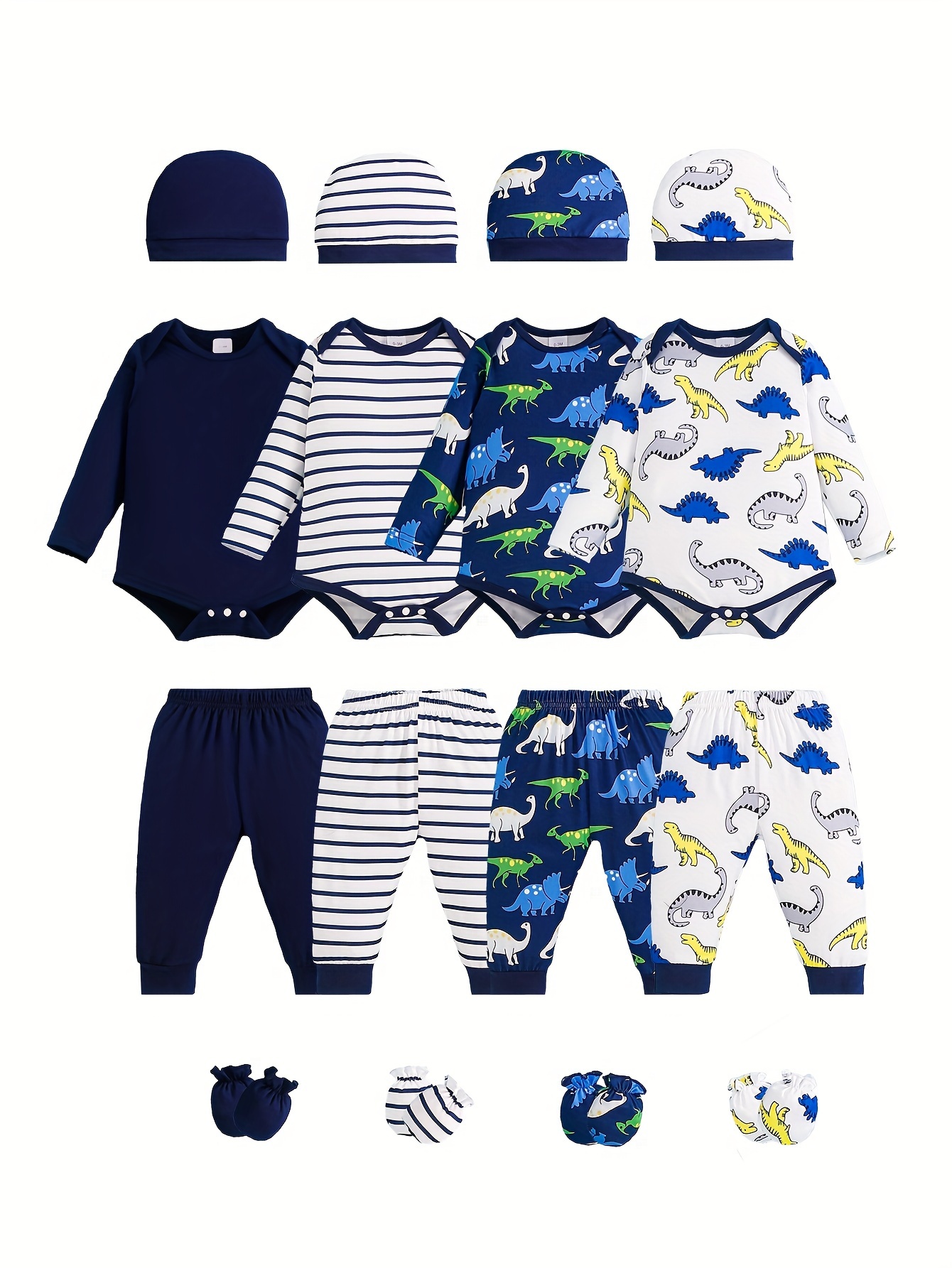 4 sets for baby boys solid dinosaur striped long sleeve onesie pants hats gloves stylish casual outfit for  