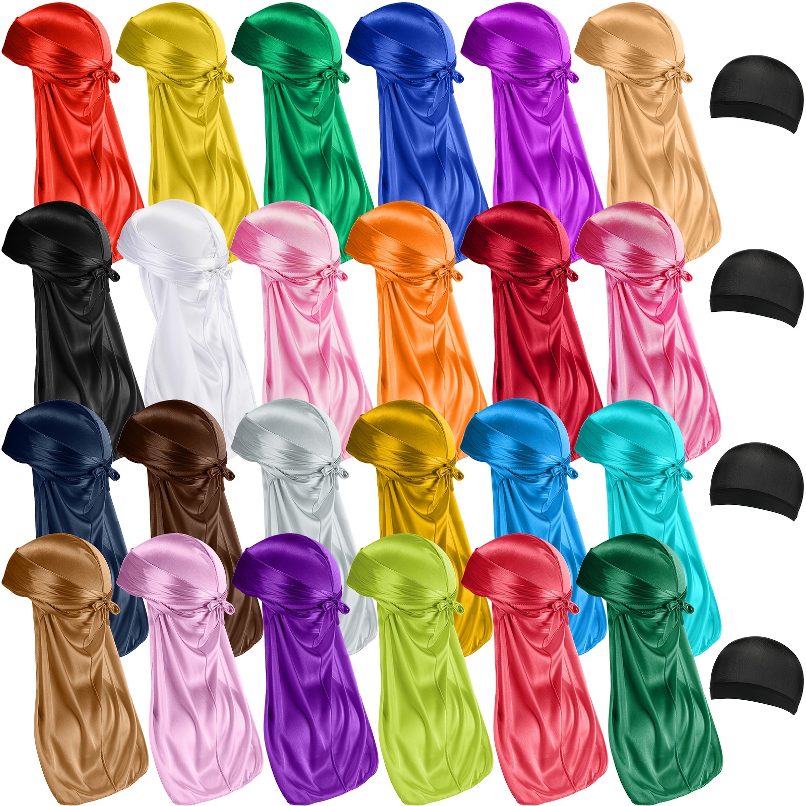 

28pcs Silky Durags Set Includes 24 Satin Durag For Men Women Long Tail Headwraps With 4 Wave Cap, Assorted Color