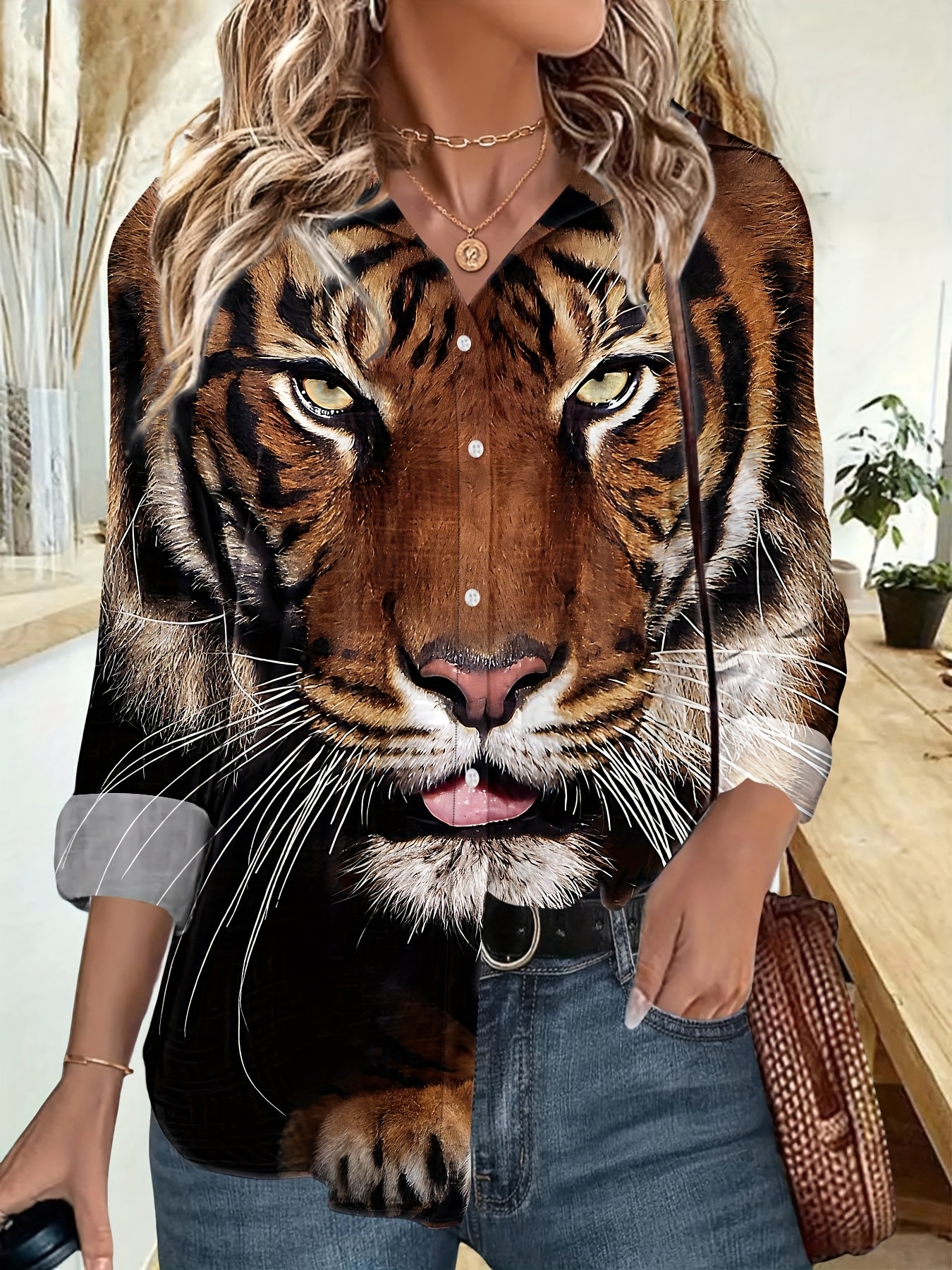 camisa larga mujer estampado retro cara tigre Temu Spain