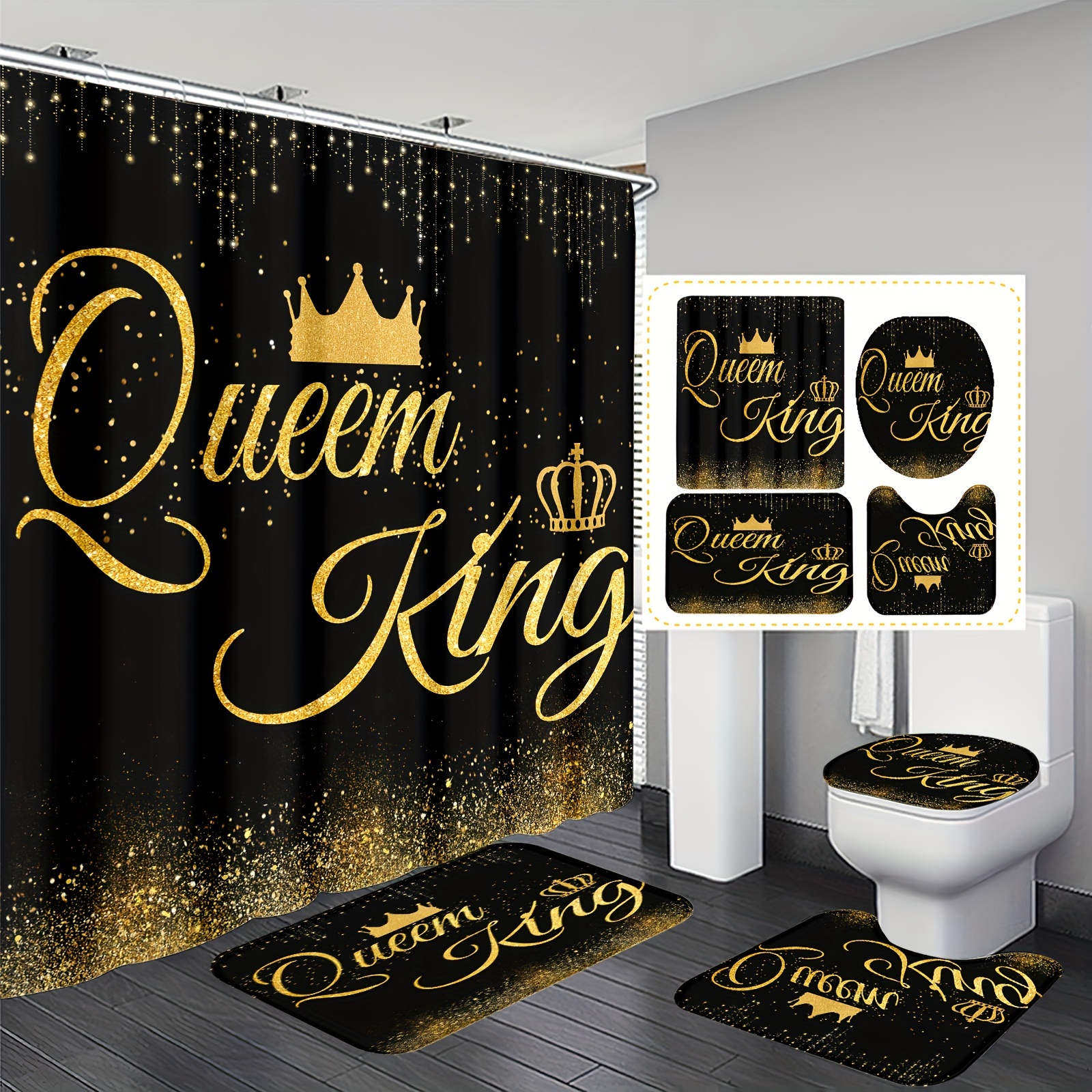 

Queen Shower Curtain Set With Hooks And Bathroom Rugs - Water-resistant Polyester Bath Curtain With Artistic Crown Motif, Machine Washable, Includes Non-slip U-shaped Mat And Toilet Lid Cover