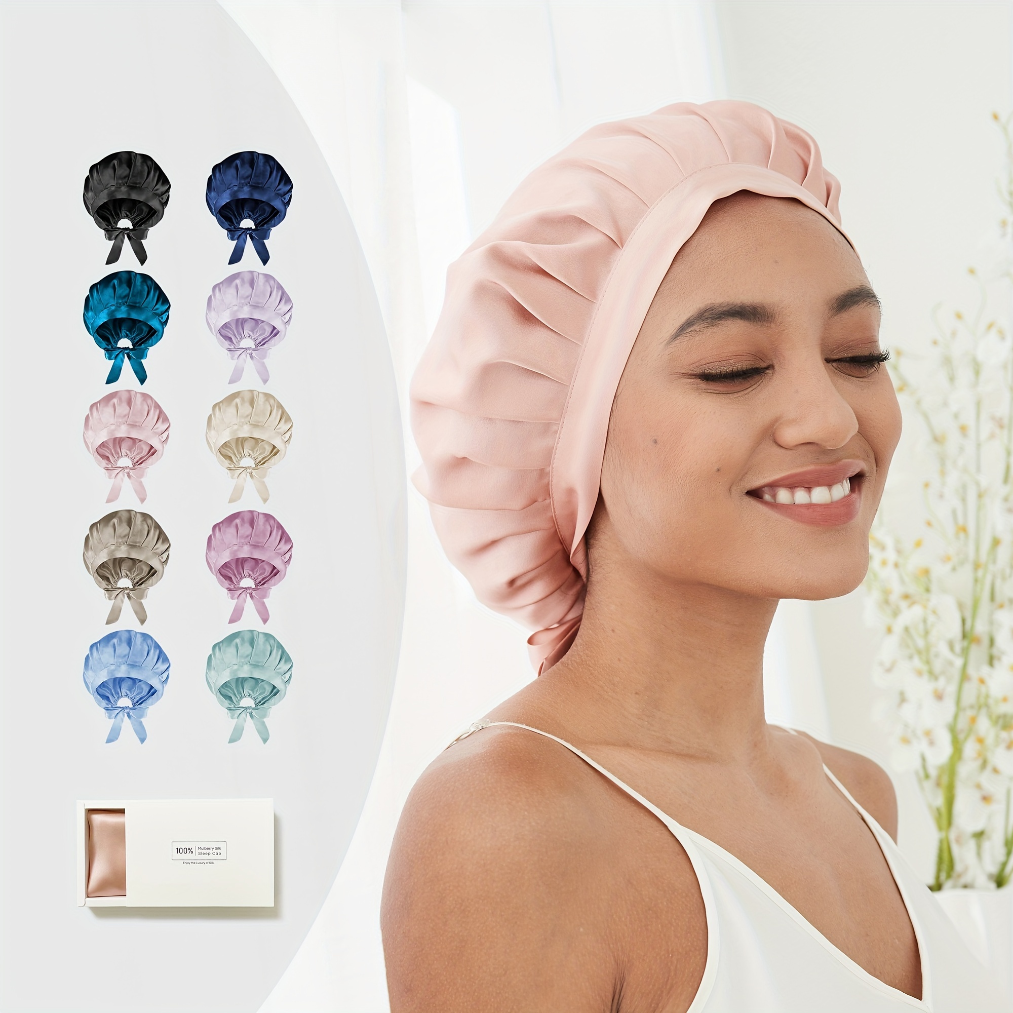 

Pure Mulberry Silk Loose Bonnet Soft Pleated Lace Up Sleeping Cap Elegant Elastic Shower Cap Lightweight Hair Care Bonnet