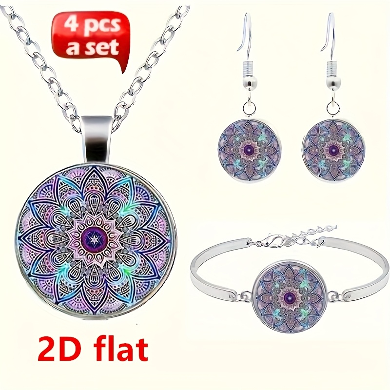 Image of 2d Flat 4pcs Set Fashion Charms Set Mandala Pattern Cabochon Glass Alloy Necklace & Stud Earrings & Bracelet Bangle Set ( 4pcs) Jewelry Set For Women's Fashion Daily Outfits Party Accessories, 2d Flat