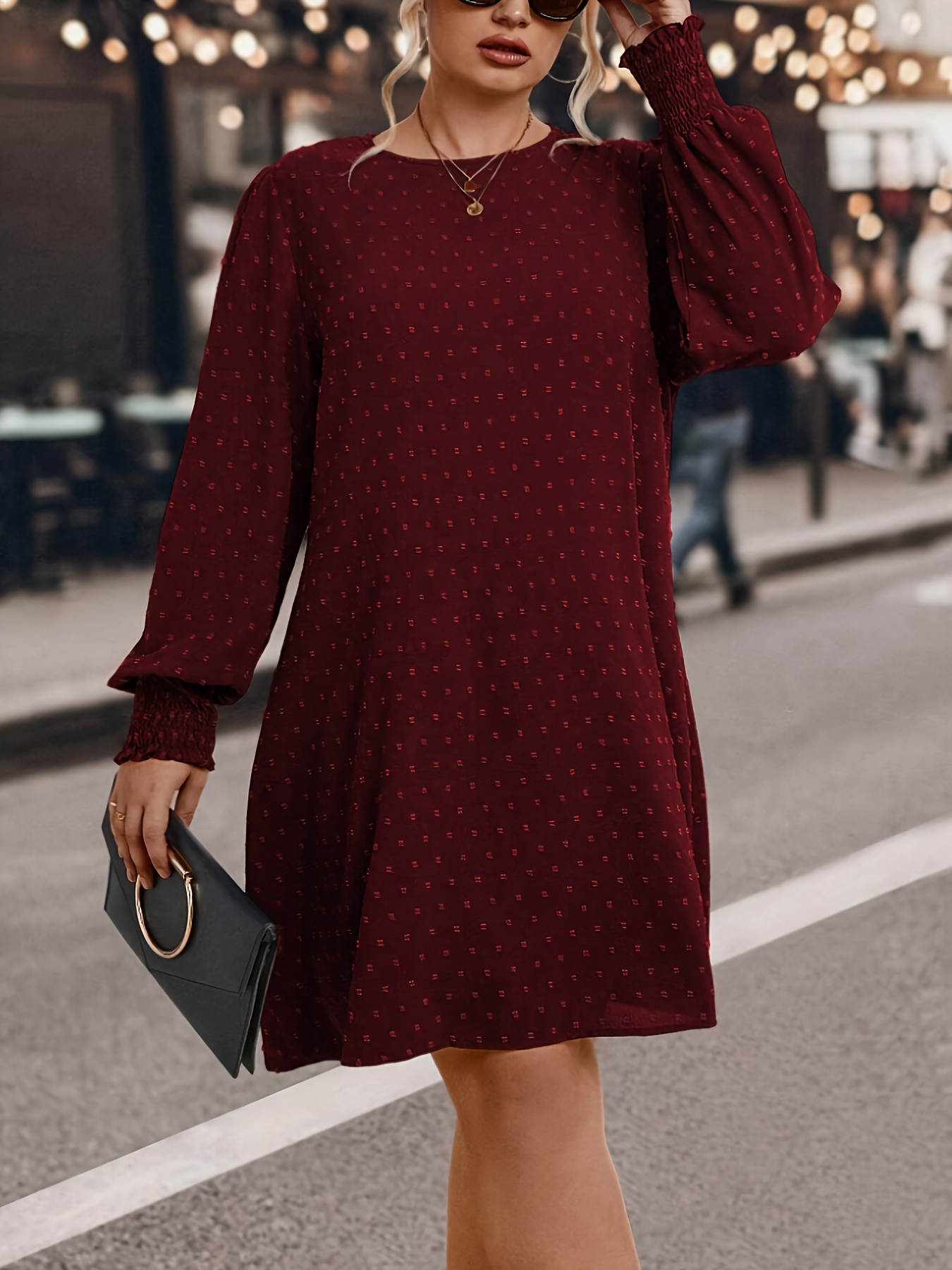 Long Sleeve Loose Shift Dress Plus Size Polka Dot Solid Crew Neck