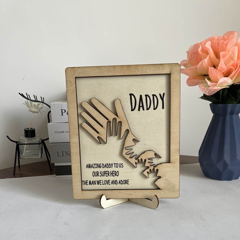 1pc fathers day wooden sign palms intertwined wooden plaque with base gift for dad grandfather amazing daddy to us our super hero the man we love and adore decorative ornaments home decor interior decor living room and bedroom details 6