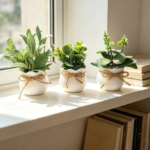 3pcs compact artificial eucalyptus potted plants in white ceramic pots and tied with yellow rope a rustic home decoration style