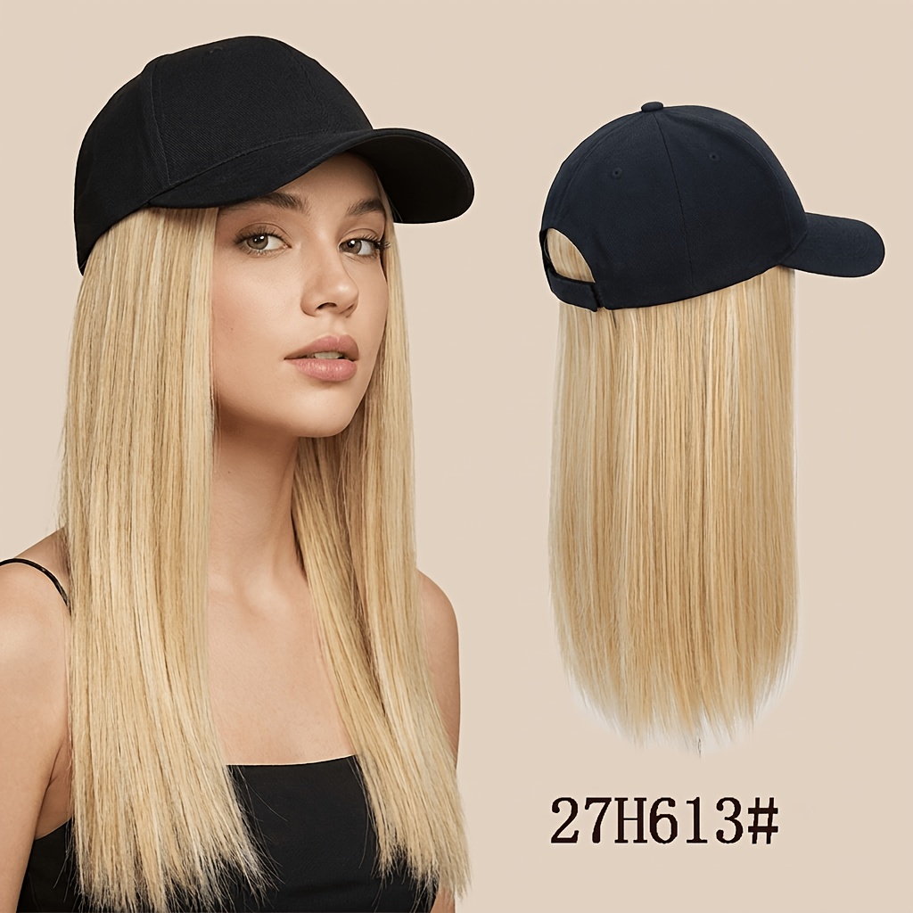 Baseball Wig With Long Straight Blonde Hair, Adjustable Black Hat Synthetic Wig, Natural Daily Wear Wig For Women
