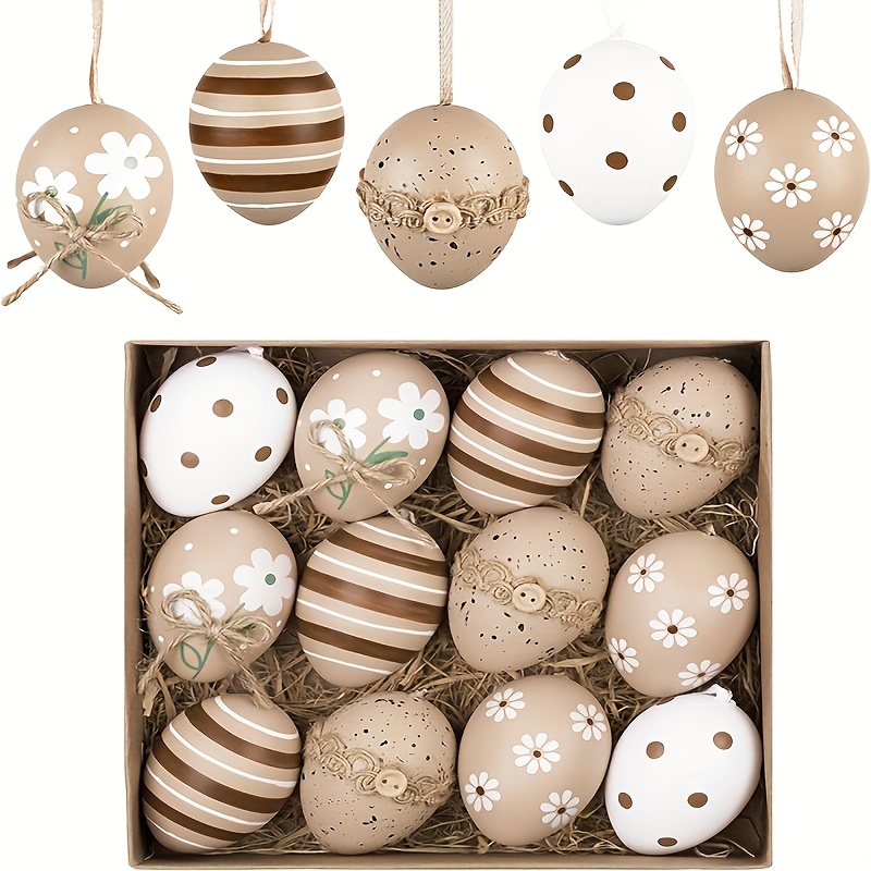 E-shop 12-teiliges Set -Eier zum Aufhängen, Osterdekoration, 6 cm natürliche Kunststoff-Eier für Osterdekoration, braune weiße Osterkorb-Dekoration,