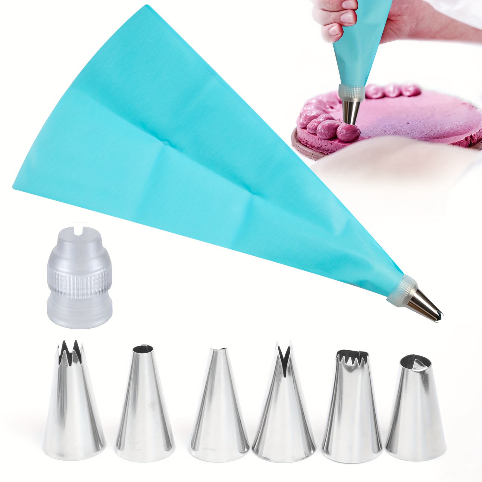 TEMU 8pcs Cake Decorating Tools, Including 1pc 12-inch Reusable Piping Bag, 6pcs Nozzles, 1pc Adapter And Other Decorating Tools, Suitable For Home