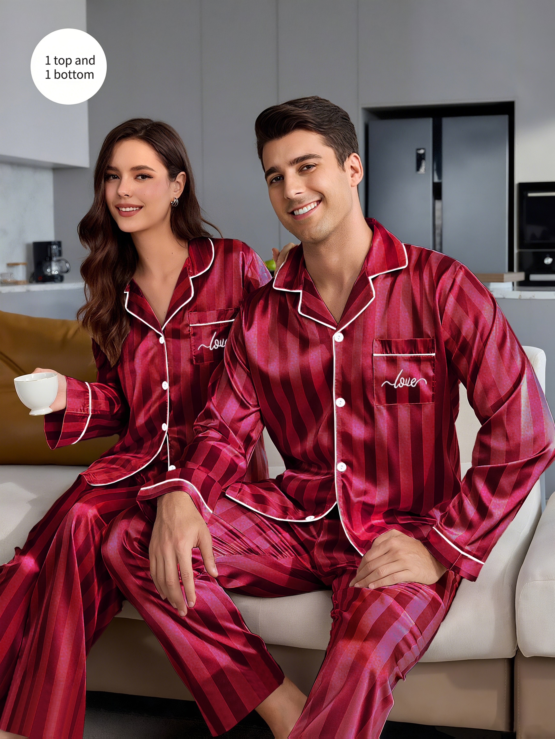 [Men/Women] Couple Style Pajamas, Men'S Or Women‘S, Long Sleeve Striped Pajama Loungewear, Button-Up Top and Trousers,1 Top And 1 Bottom,Valentine's Day