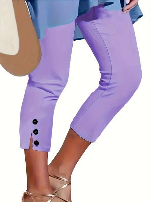 womens stretchy white capri pants with button details comfortable knit fabric casual wear style capri legging