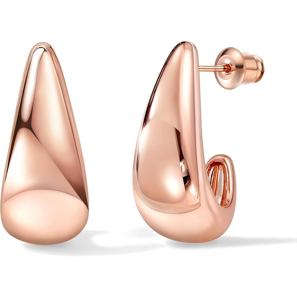 1pair Copper With 925 Silver Ear Post Chunky Huggie Creolen For Women | 14k Golden Plated Tear & Cup Shaped Thick Golden Creolen, Hypoallergenic, Golden/silvery/rose Golden | Jewelry Gifts For Women