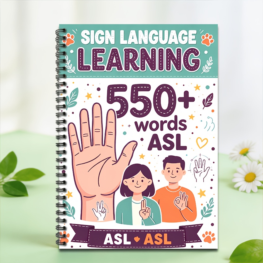 asl sign language workbook 8 3x11 7 23 sheets 550 asl words spiral   purple banner paw print cover   practice book   supplies