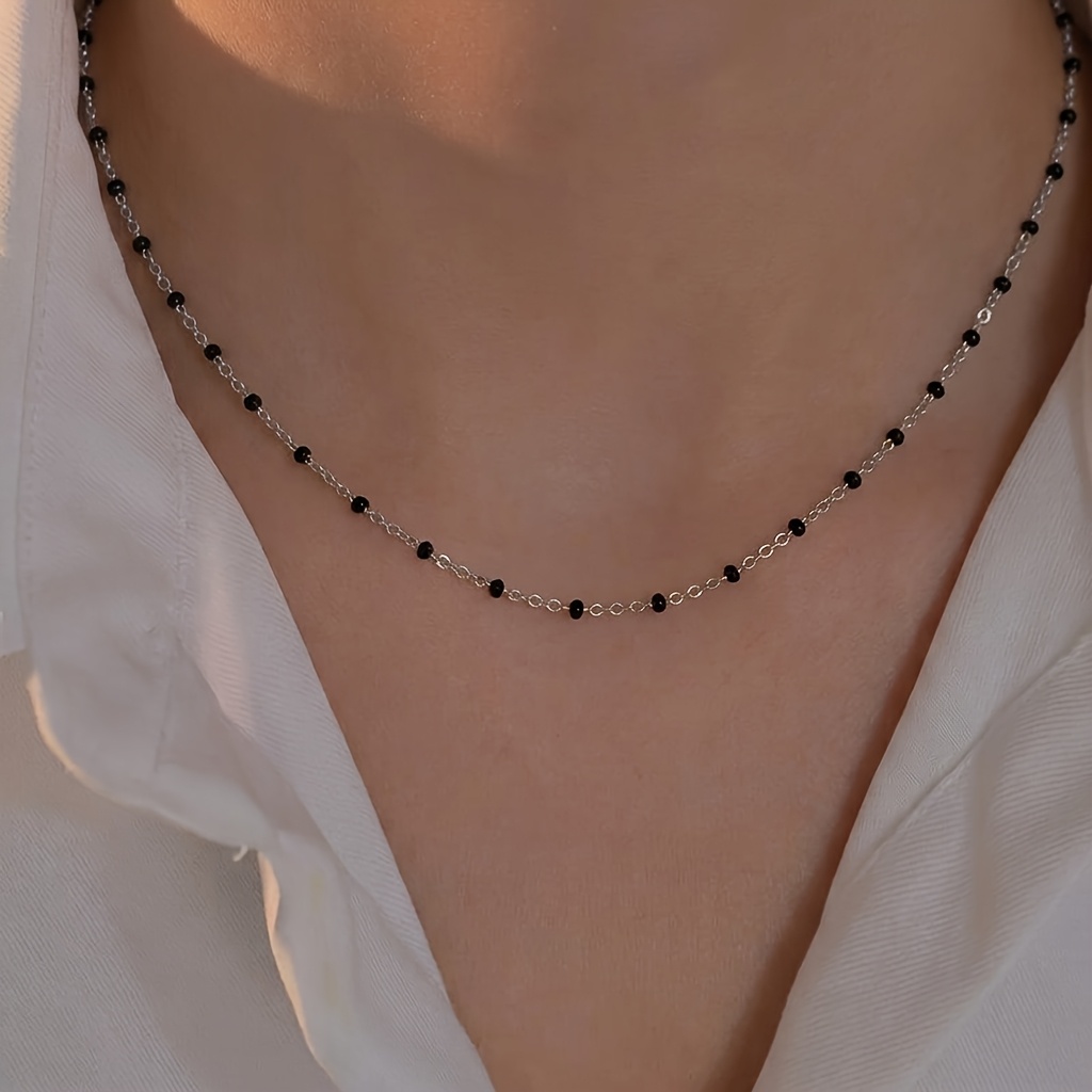 TEMU Collana da donna in acciaio inossidabile argentato con perline nere , squisita collana con perline nere , minimalista i , adatta come regalo