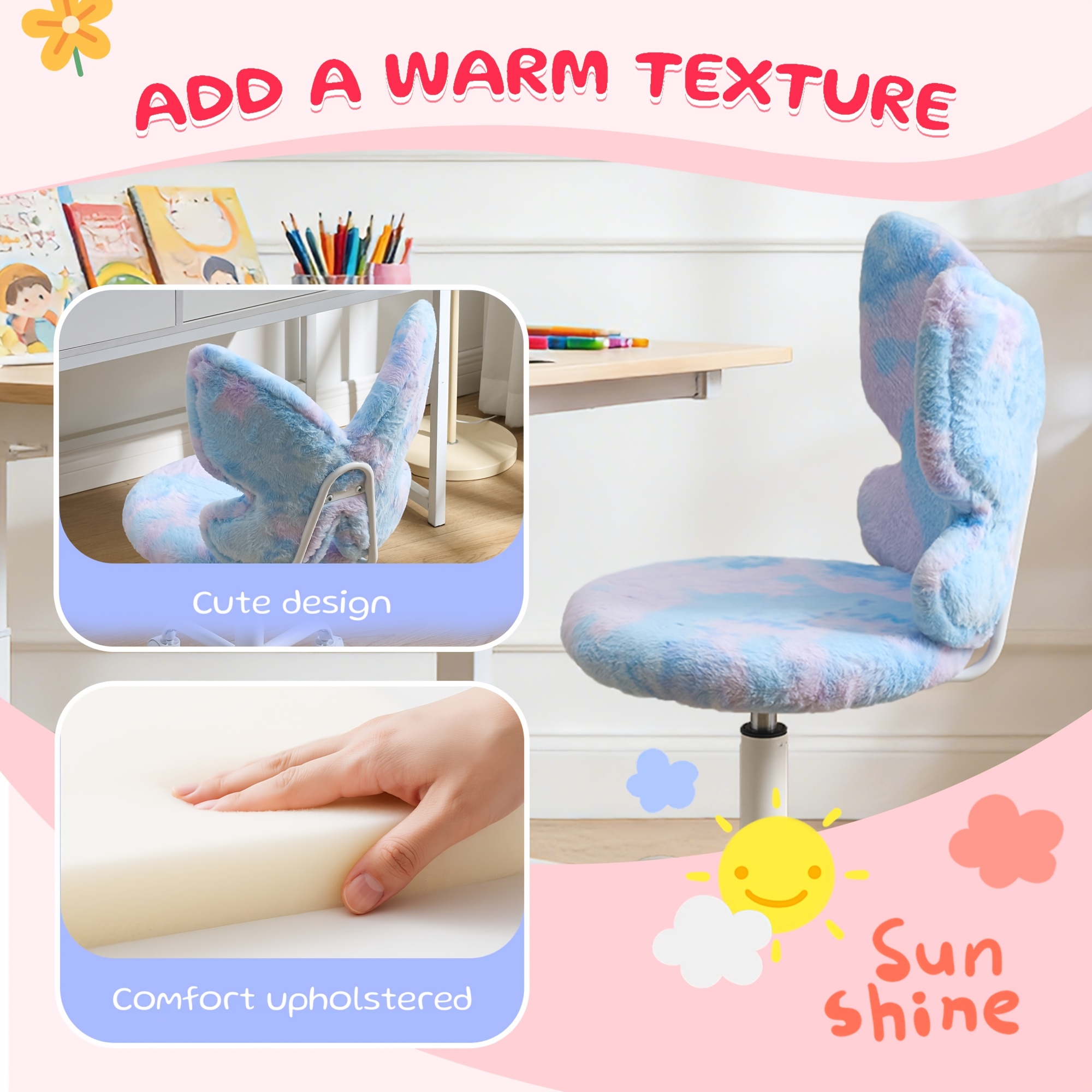Girls Desk Chair - Comfy Swivel Kids Desk Chair for Girls Room, Fluffy Butterfly Kids Office Chair for Reading & Vanity