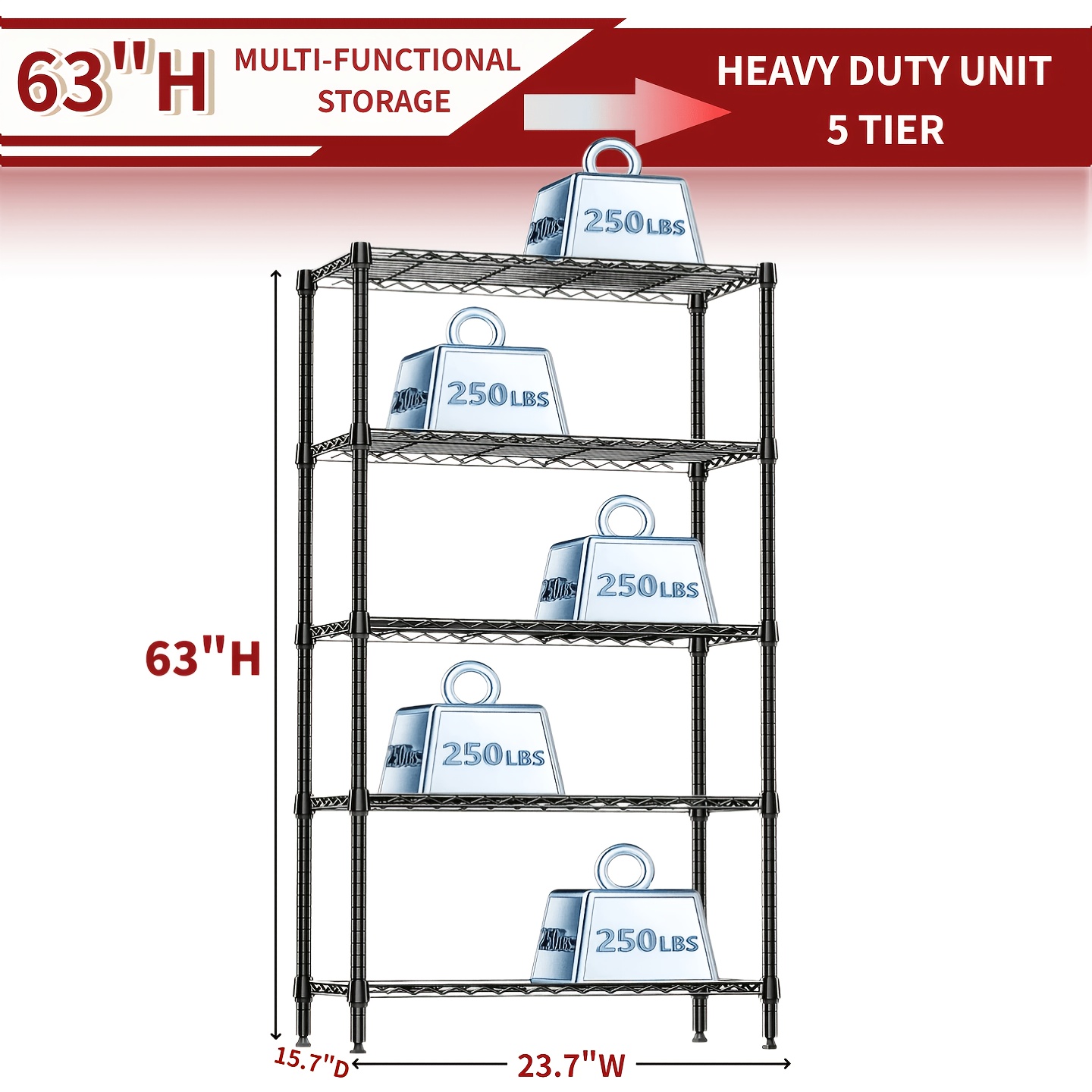 TEMU Mzg Heavy-duty 5-tier Adjustable Wire Shelving Unit - Freestanding Rack With Stainless Shelves, Suitable For Garage, Pantry, Kitchen Shelving,