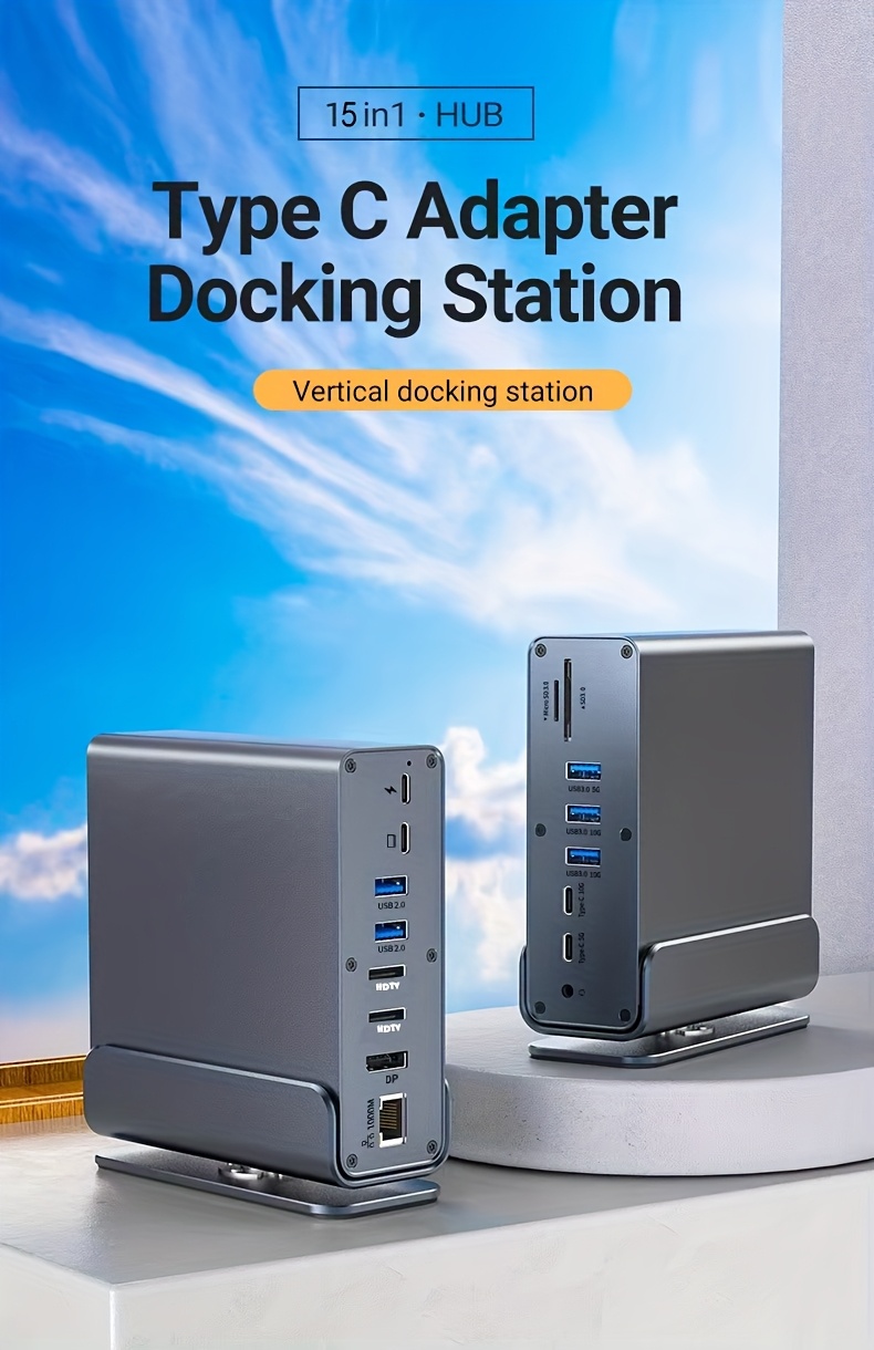 Triple Display Video Docking Station 15-in-1, MST Port, HD 4K 60Hz, DP 3-Screen Extension, USB 3.2 10G, USB C 15-in-1 Hub, SD, TF, Audio, Gigabit Ethernet