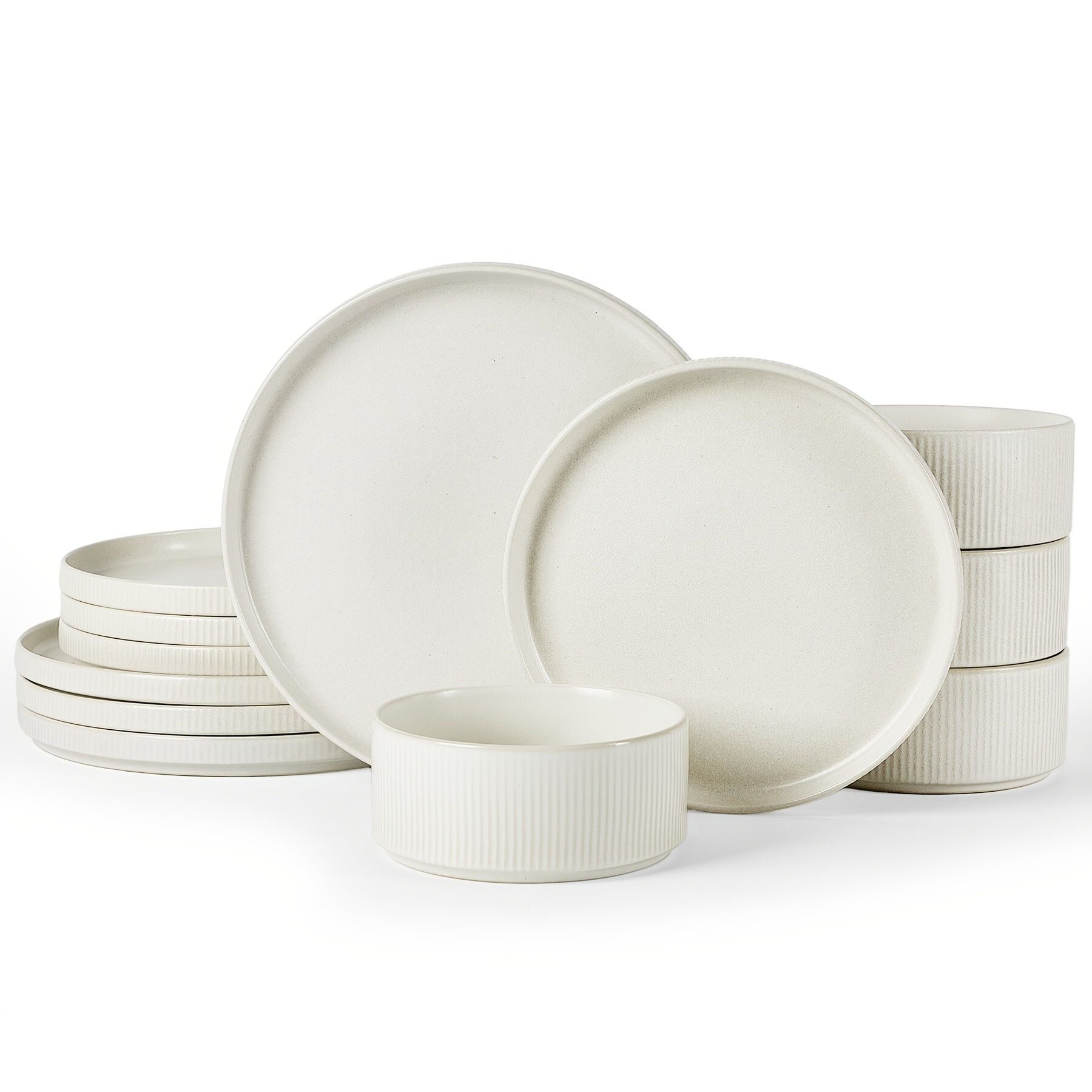 12pcs Stoneware Dinnerware Sets, Round Plates And Bowls Set For 4, Ribbed, Dishwasher And Microwave-safe, Cappuccino White