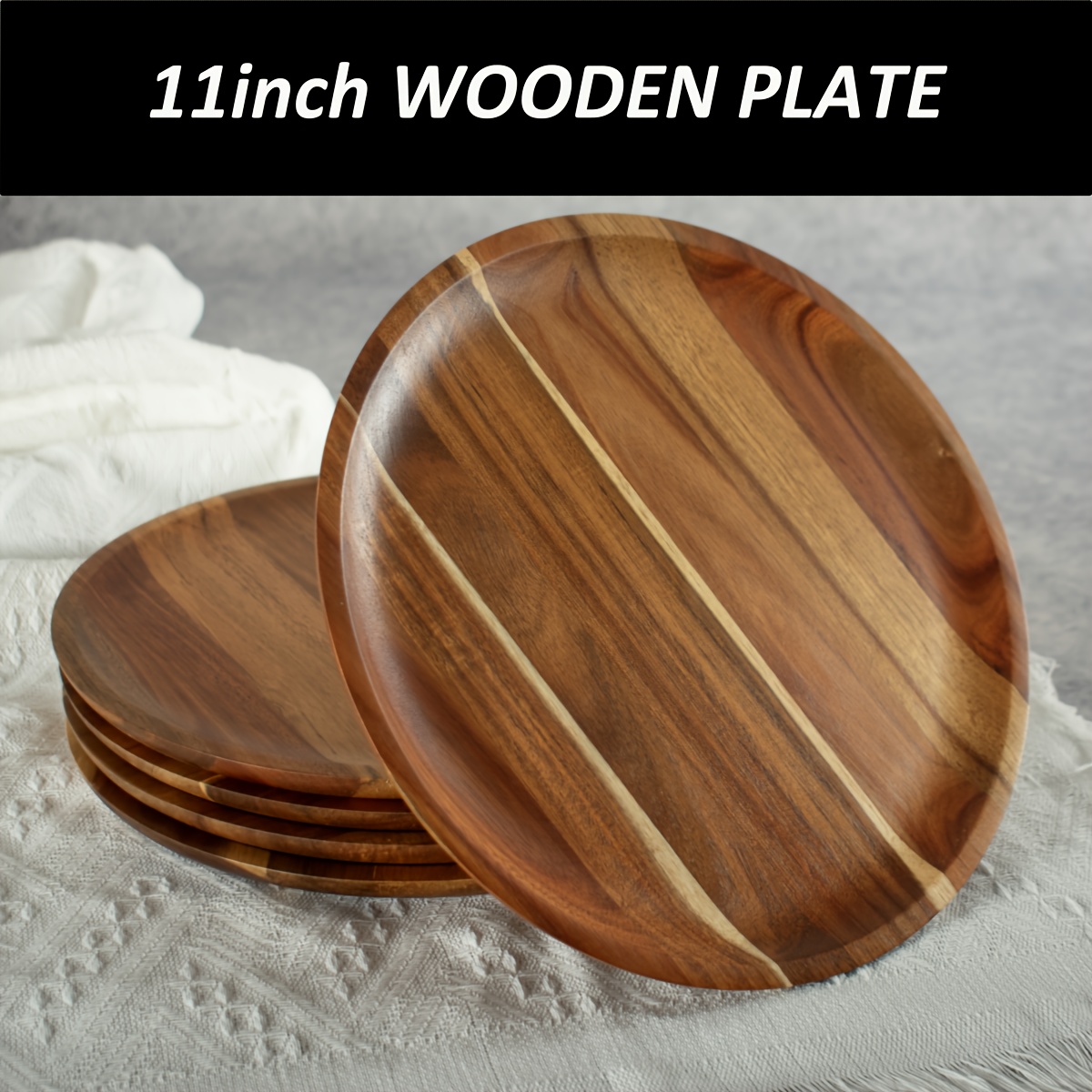 TEMU 4pcs 8/11 Inch Wooden Dinner Plates, Round Acacia Wood Plates Set Of 4, Unbreakable Classic Plate For Dining & Serving, & Lightweight Wooden