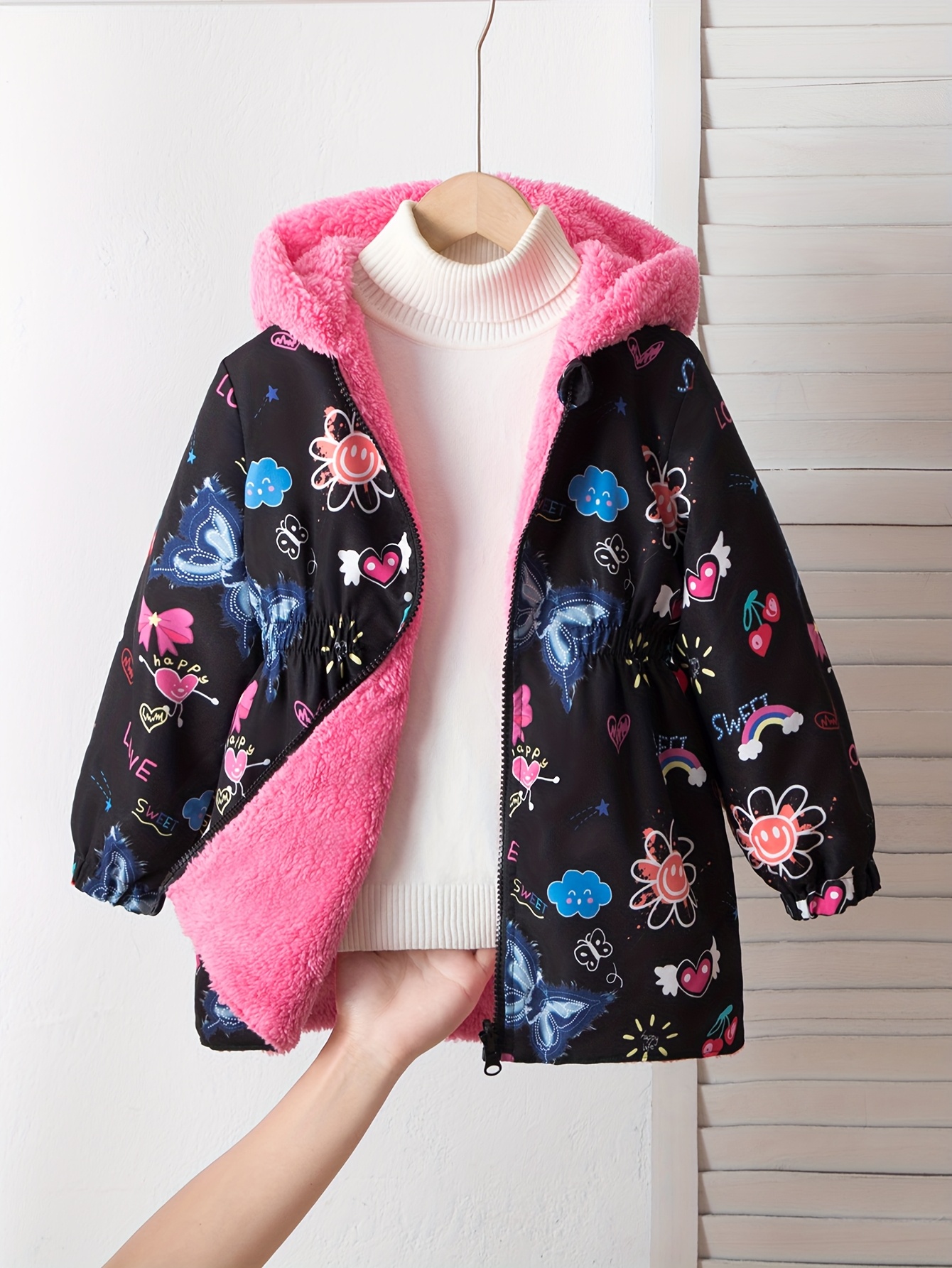 Girls' Windproof Casual Coat with Printed Hat Collar, Warm Outerwear