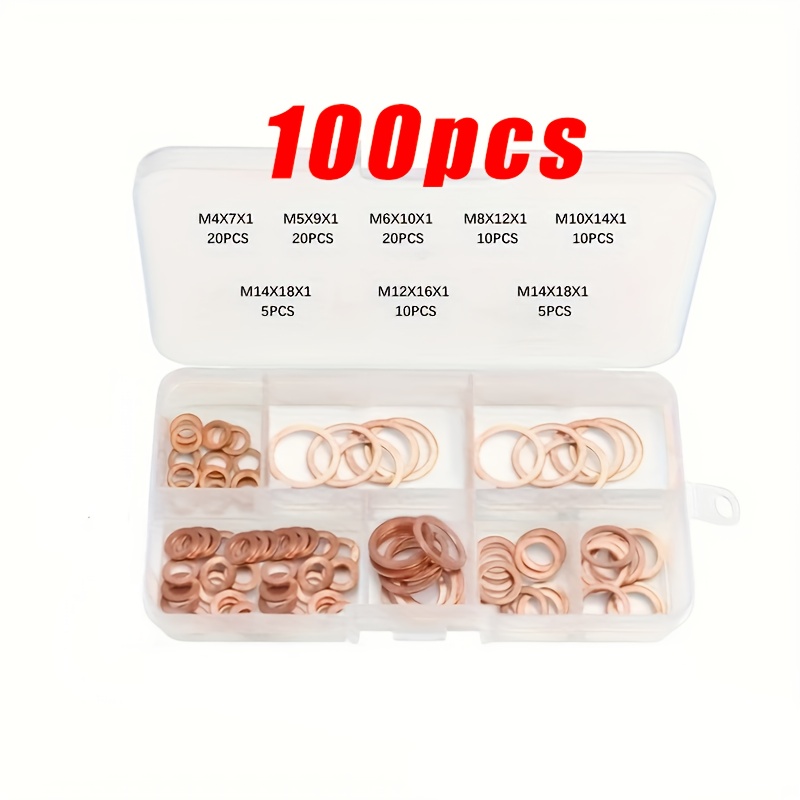 E-shop 100 Stück Massive Kupfer Crush Unterlegscheiben Dichtung O-Ring Sortiment Set: Ölwanne Stopfen Flachring Dichtungsset, Autoreparaturteile,
