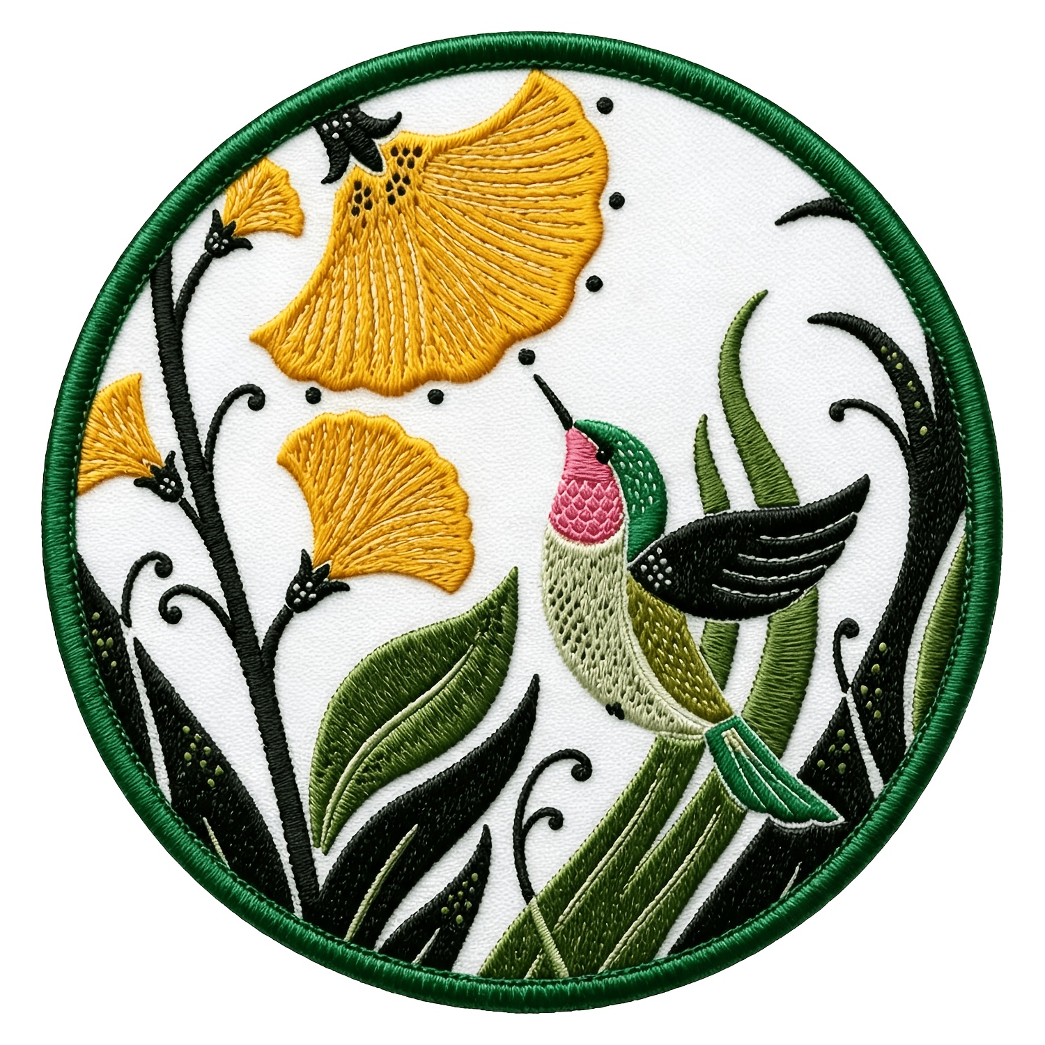 TEMU Hummingbird & Yellow Floral Iron On Embroidered Patch, Round Green Border Botanical Bird Sew On Applique Badge For Jacket Backpack Hat