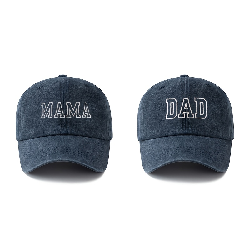 TEMU 2pcs Embroidered "dad" "mama" Baseball Set, Family Style Baseball Caps (2pcs), Washed Baseball Caps For Dad And Mom, Adjustable Curved Brim Hats