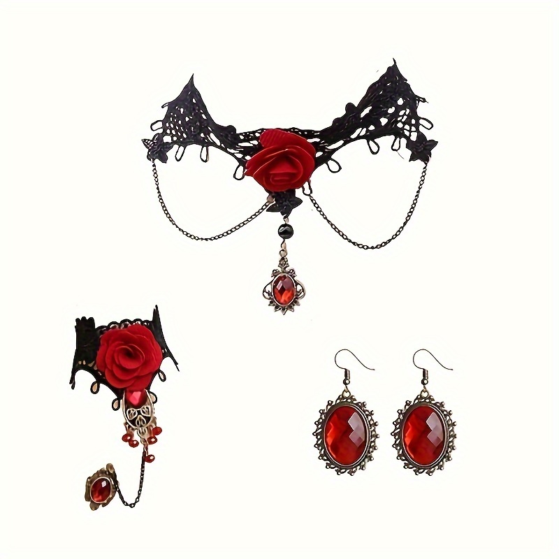 

Gothic Punk Jewelry Set - Vampire Necklace, Bracelet, Earrings Set With Red Artificial Crystals - Alloy No Plating For Parties, Festivals, And Cosplay Accessory For Women